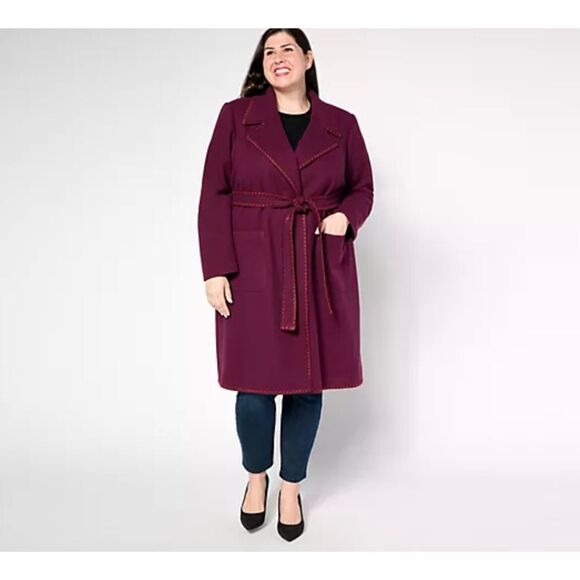 Beautiful by Lawrence Zarian Womens M Belted Double Knit Lined Coat Fig NWOT - Picture 2 of 6